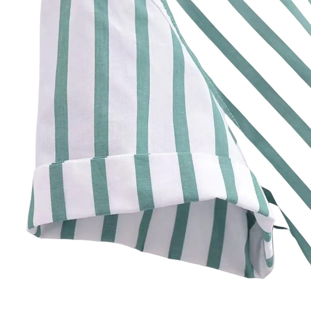 A white and teal striped cotton sleeve with a rolled cuff from a green striped short sleeve crop shirt
