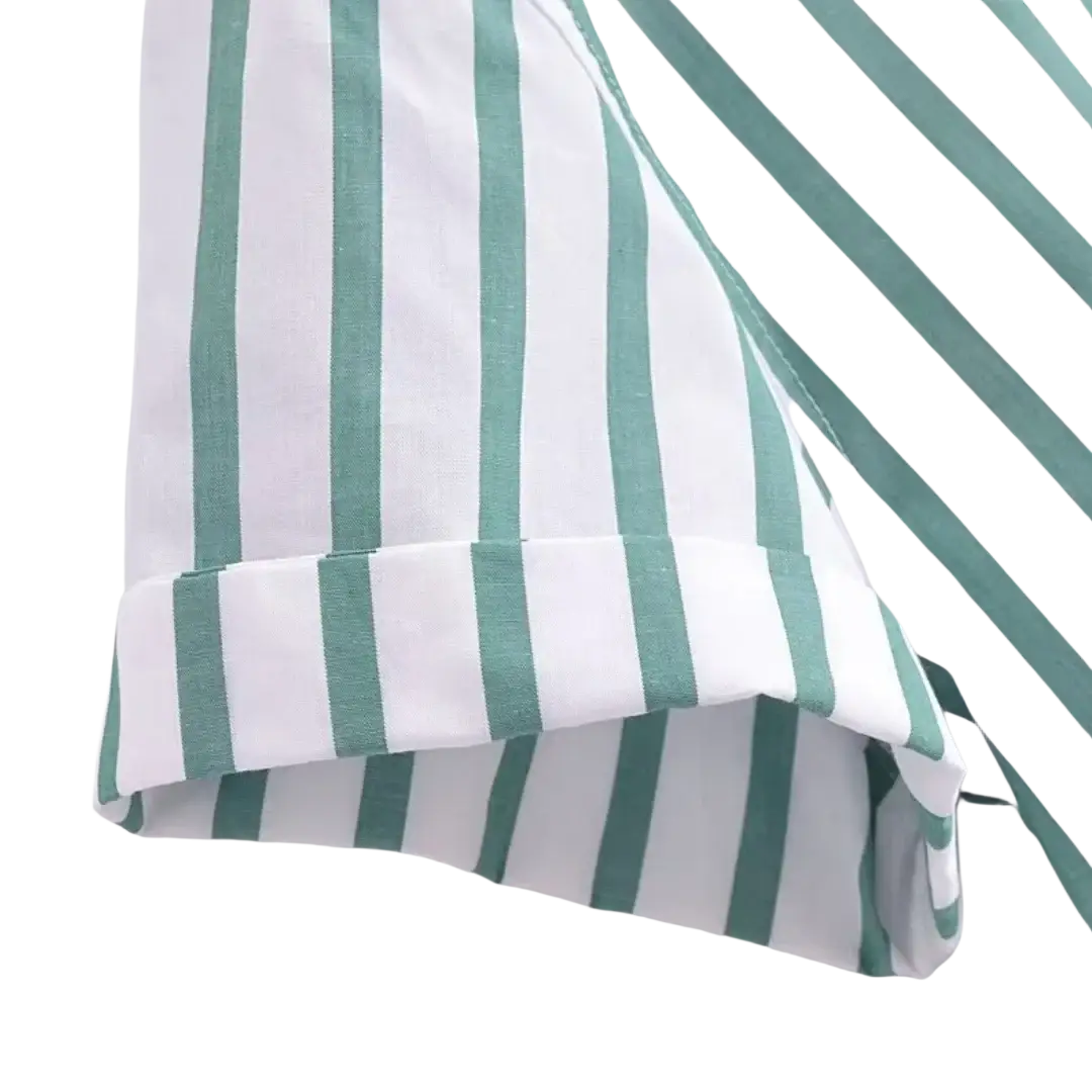 A white and teal striped cotton sleeve with a rolled cuff from a green striped short sleeve crop shirt