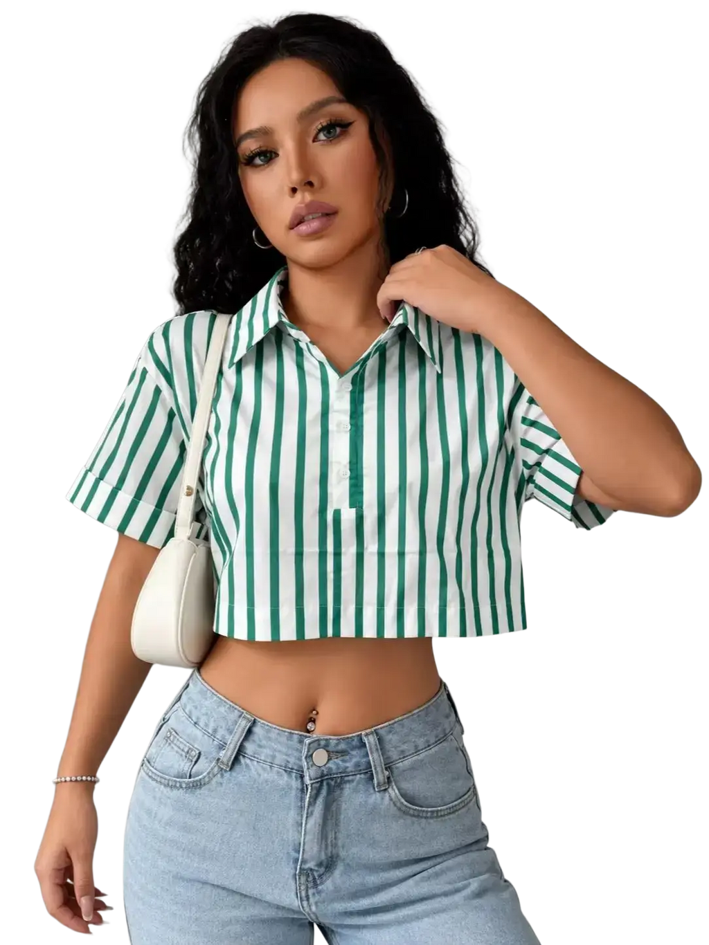 Green striped short sleeve crop shirt with vertical white stripes made from lightweight fabric for casual wear
