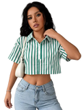 Green striped short sleeve crop shirt with vertical white stripes made from lightweight fabric for casual wear