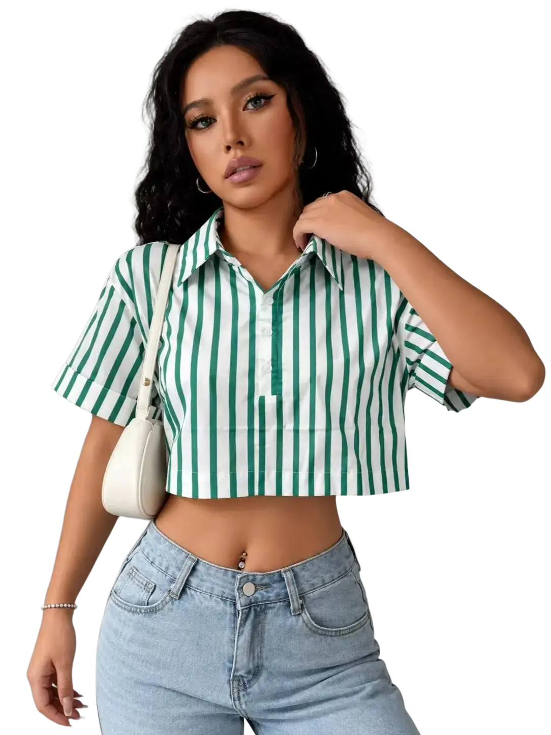 Green striped short sleeve crop shirt with vertical white stripes made from lightweight fabric for casual wear