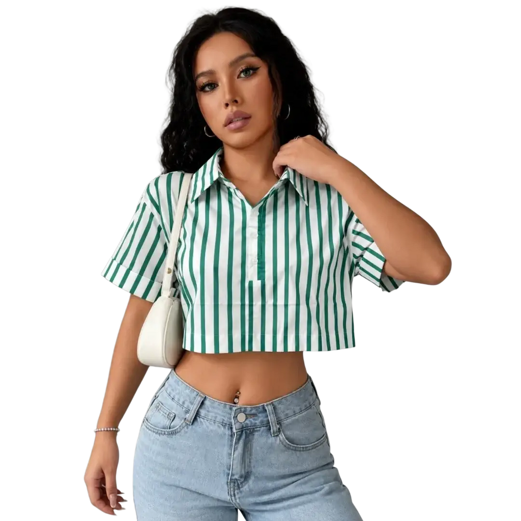 Green striped short sleeve crop shirt featuring vertical green and white stripes in lightweight fabric