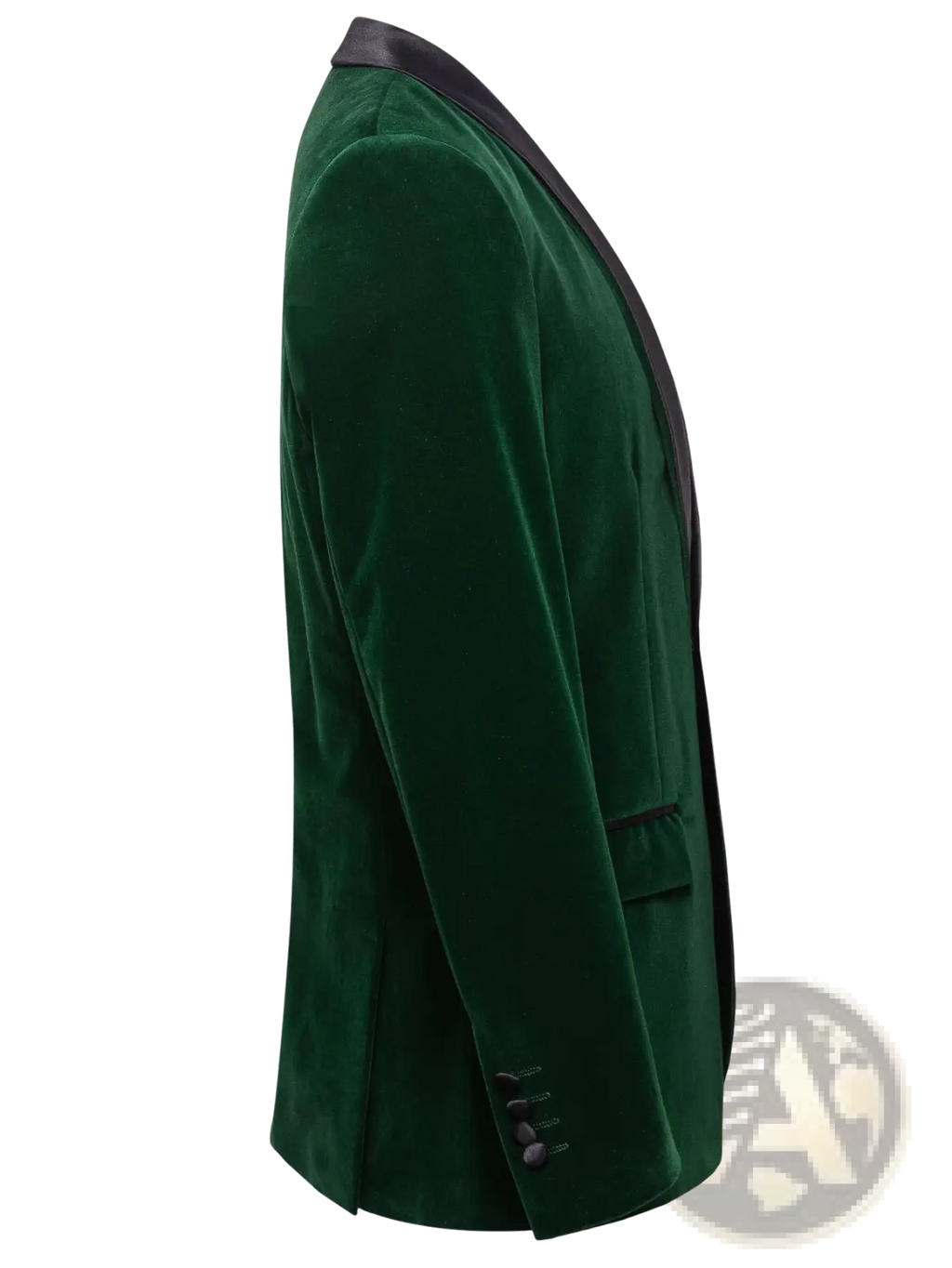 Green velvet tuxedo blazer for men featuring deep emerald velvet with black satin lapels and matching buttonholes
