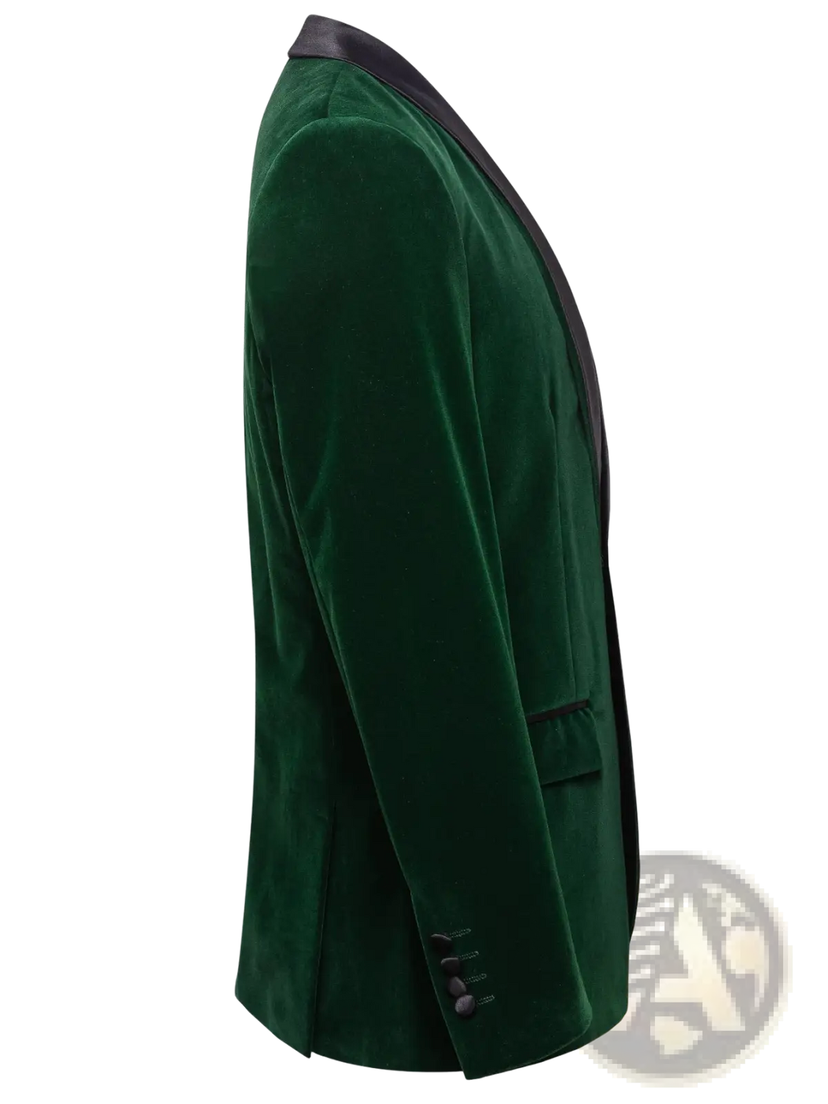 Green velvet tuxedo blazer for men featuring deep emerald velvet with black satin lapels and matching buttonholes