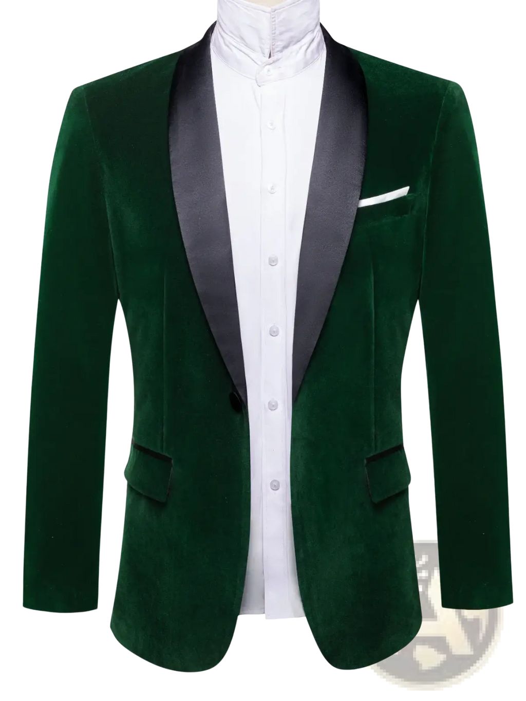Emerald green velvet tuxedo blazer for men featuring black satin lapels in a classic formal design