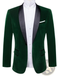 Emerald green velvet tuxedo blazer for men featuring black satin lapels in a classic formal design