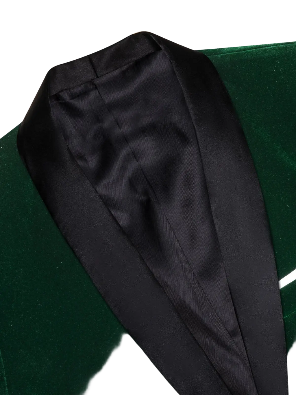 Emerald green velvet tuxedo blazer for men with a contrasting black satin lapel in a front view