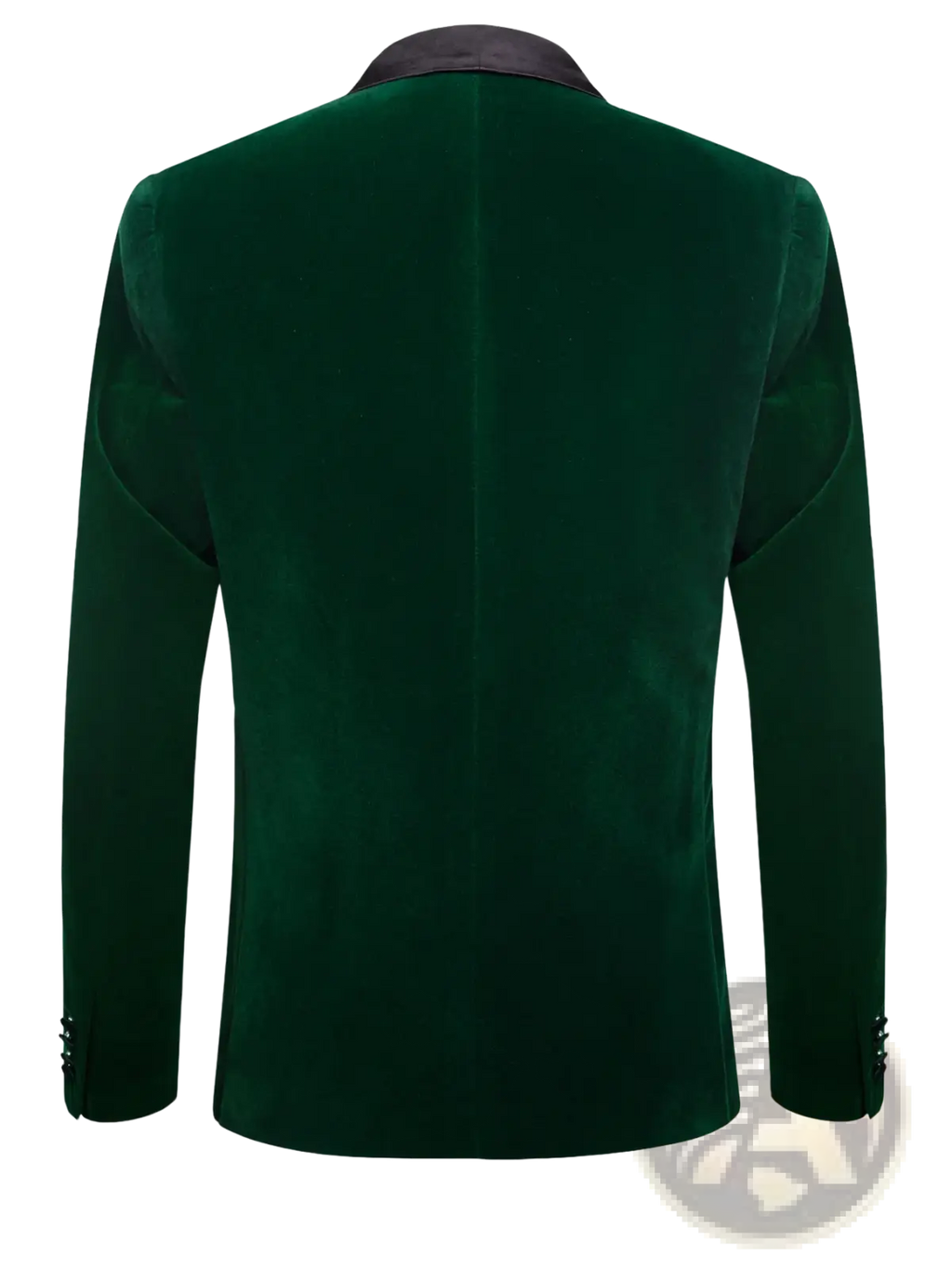 Green velvet tuxedo blazer for men featuring a rich emerald velvet fabric with black satin collar and buttoned cuffs