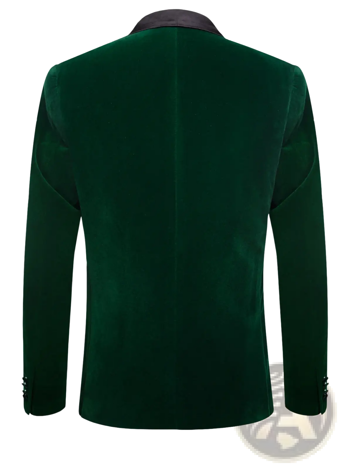 Green velvet tuxedo blazer for men featuring a rich emerald velvet fabric with black satin collar and buttoned cuffs