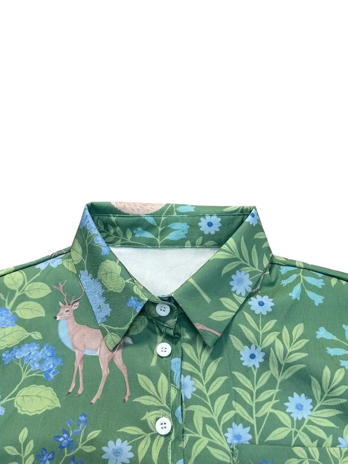 Green woodland print long sleeve shirt featuring a detailed deer print with blue flowers and green foliage