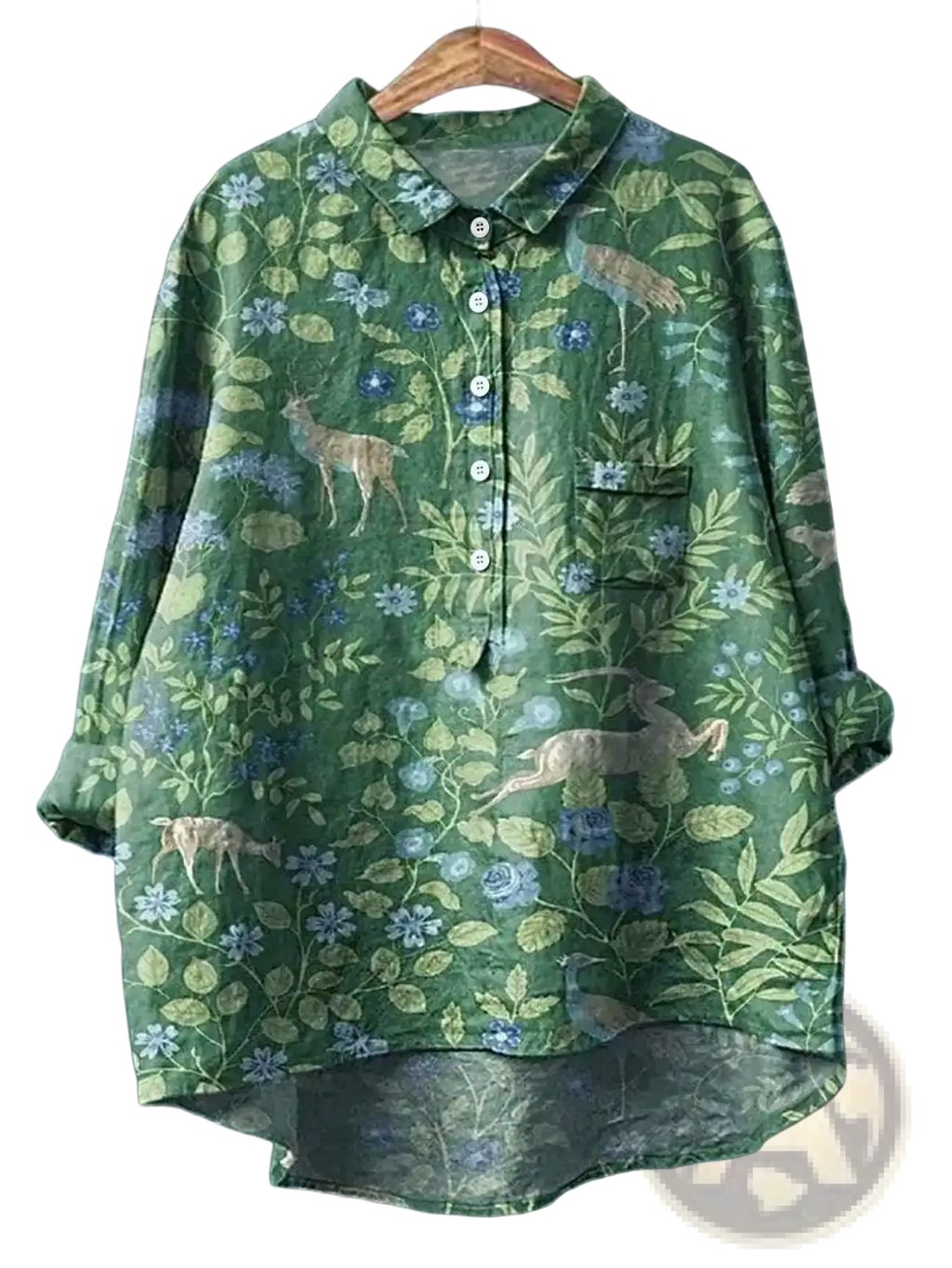 Green woodland print long sleeve shirt made of linen featuring a green base with blue and beige deer bird and floral patterns