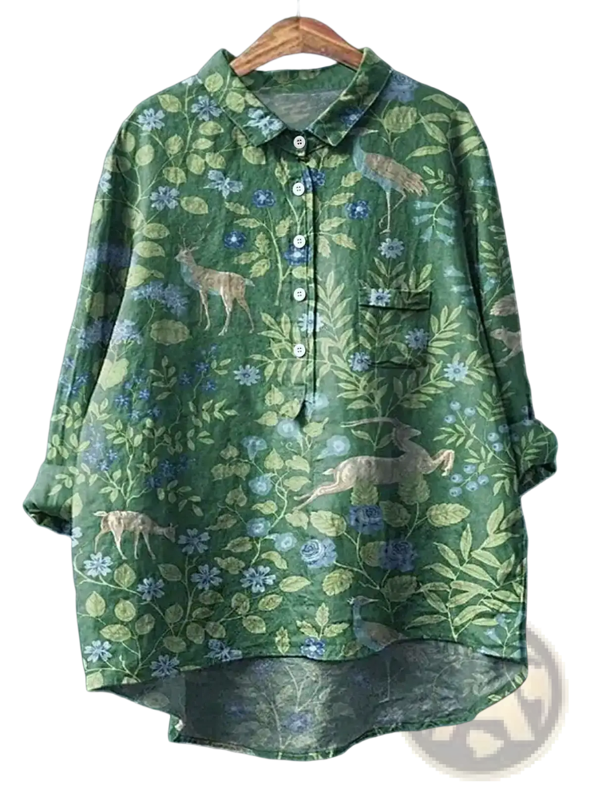 Green woodland print long sleeve shirt made of linen featuring a green base with blue and beige deer bird and floral patterns