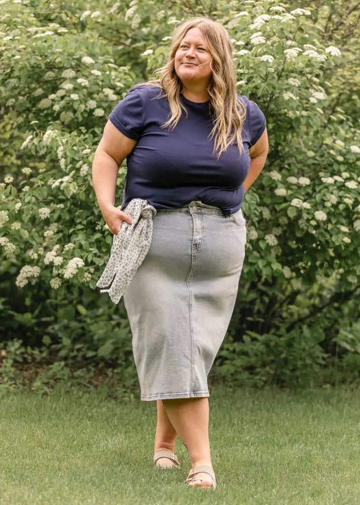 Greta light wash button front denim midi skirt in light gray with classic five-pocket design and belt loops