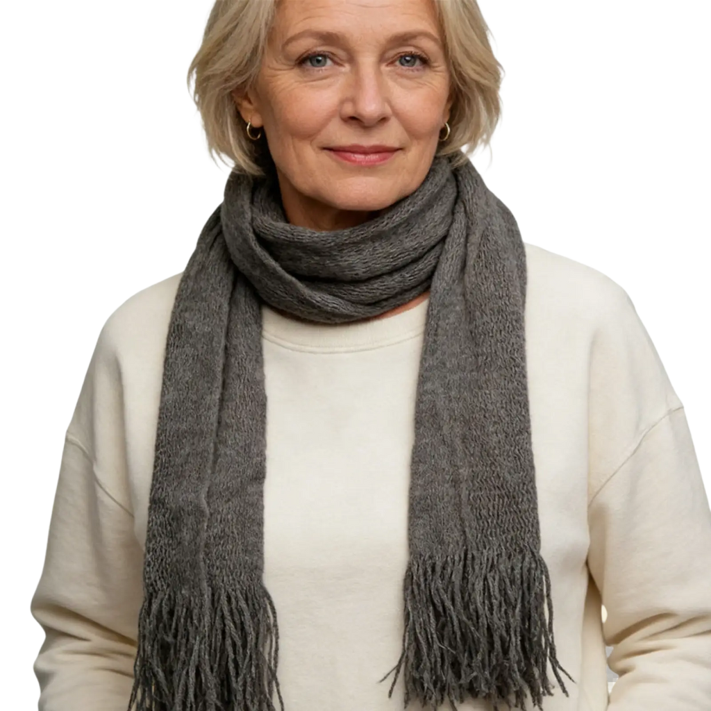 A cozy medium-gray acrylic knitted skinny scarf with lightweight soft fringed ends for winter accessory use