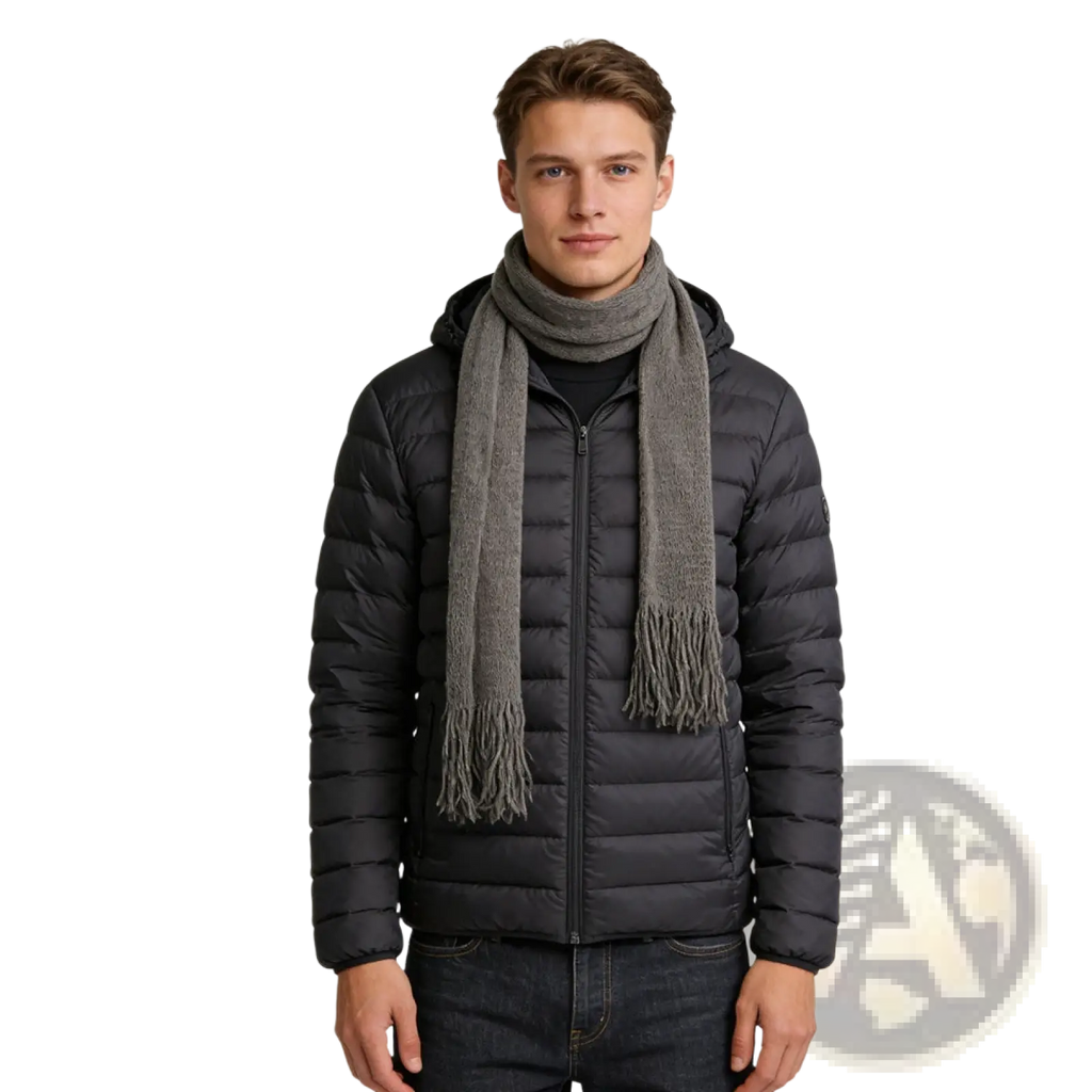 A soft textured grey acrylic skinny scarf with fringed ends worn as a lightweight winter accessory