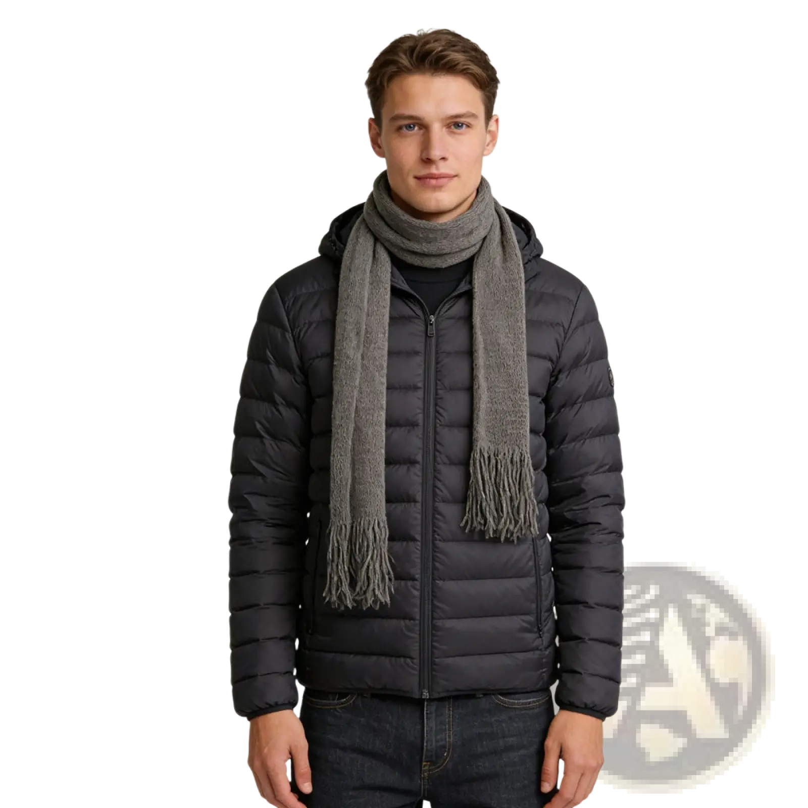 A soft textured grey acrylic skinny scarf with fringed ends worn as a lightweight winter accessory