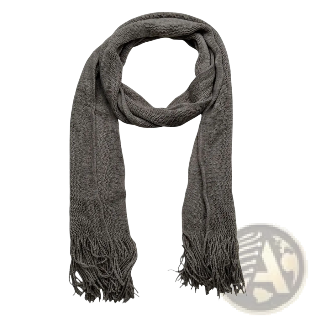 Grey acrylic skinny scarf with a soft dark gray textured knit and fringed ends lightweight winter accessory