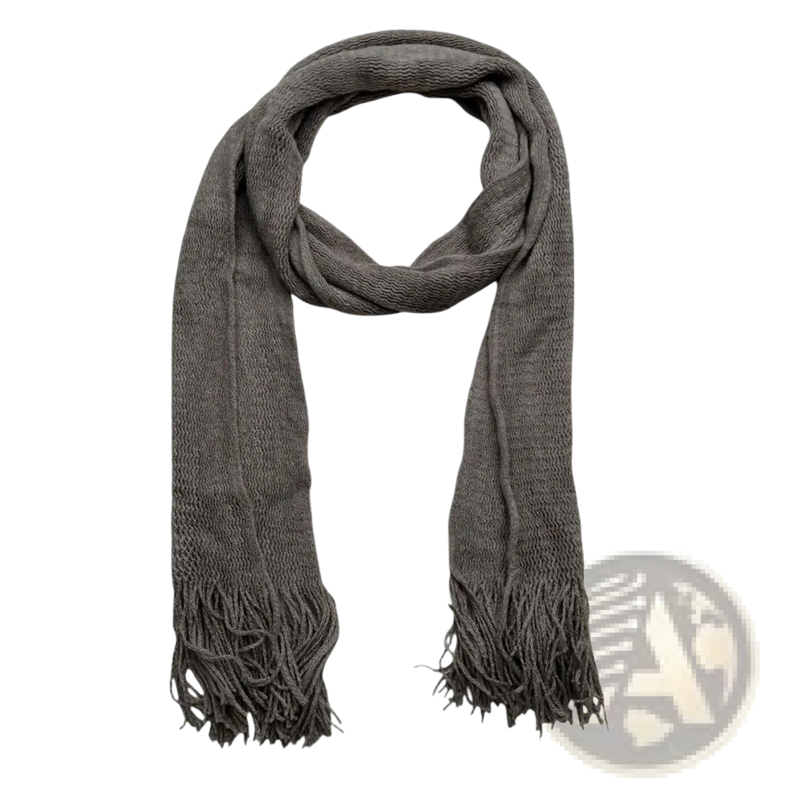 Grey acrylic skinny scarf with a soft dark gray textured knit and fringed ends lightweight winter accessory
