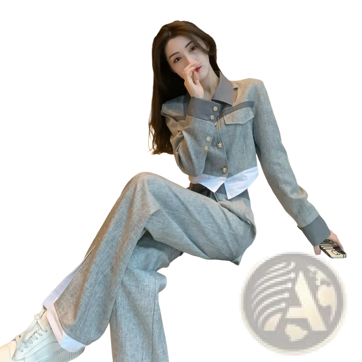 Grey denim two piece suit featuring a tailored grey denim jacket with white accents and gold tone buttons