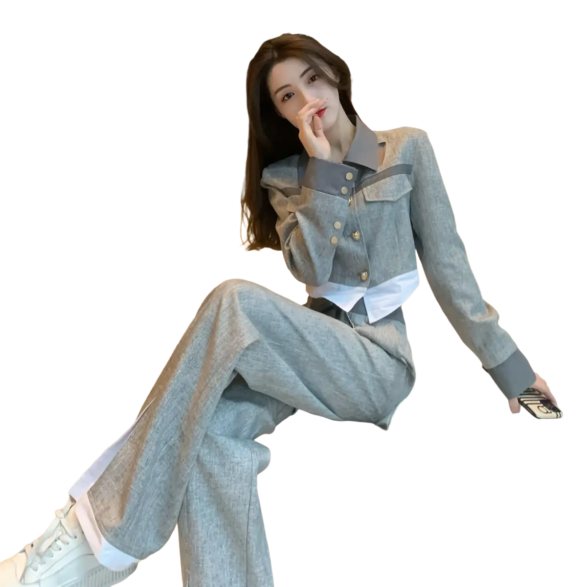 Grey denim two piece suit featuring a tailored grey denim jacket with white accents and gold tone buttons