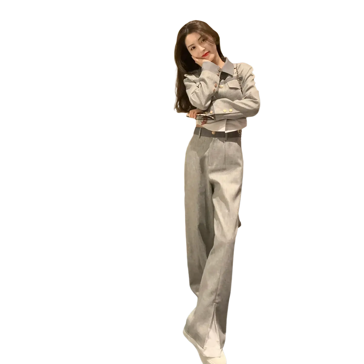 Gray denim jacket with button closures and chain strap detail from the grey denim two piece suit wide leg pants set