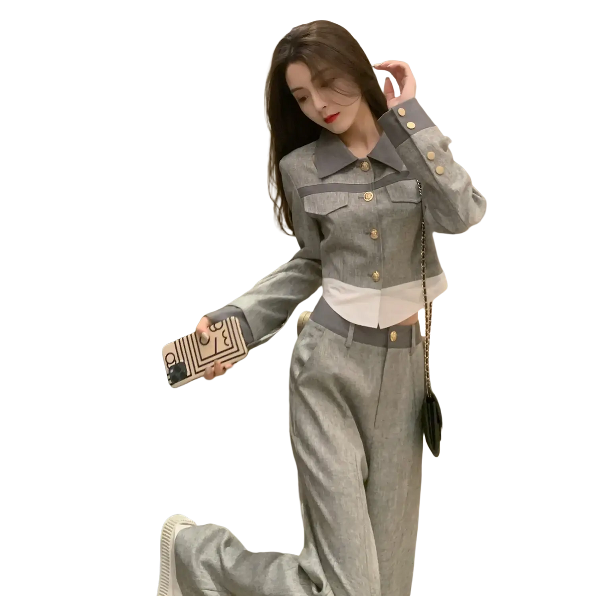 Grey denim two piece suit jacket with gold-tone buttons and white contrast panel at the waist in gray denim
