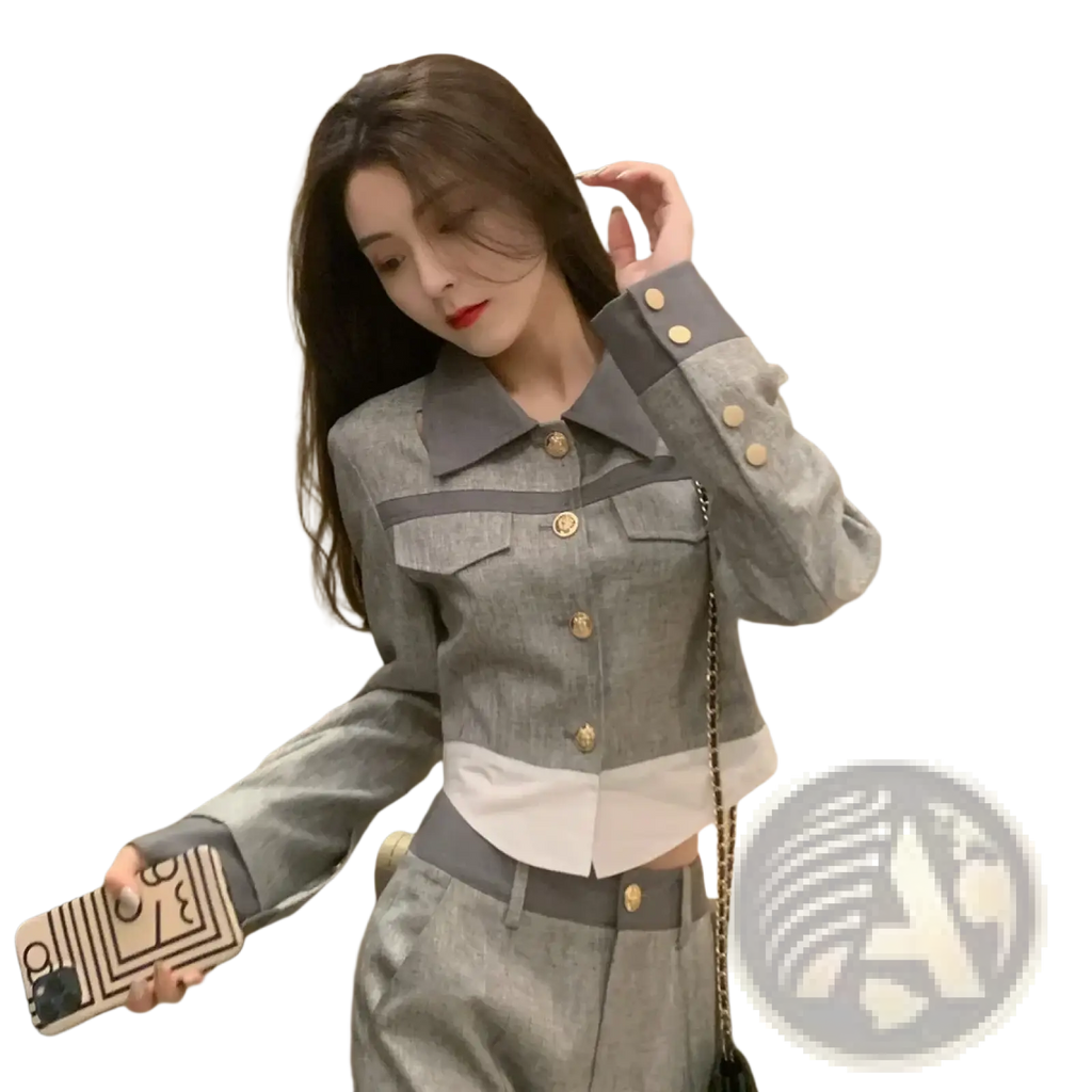 Gray and white two-tone denim jacket with gold-toned buttons as part of grey denim two piece suit wide leg pants