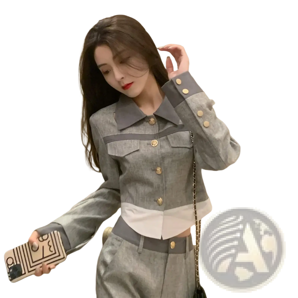Gray and white two-tone denim jacket with gold-toned buttons as part of grey denim two piece suit wide leg pants