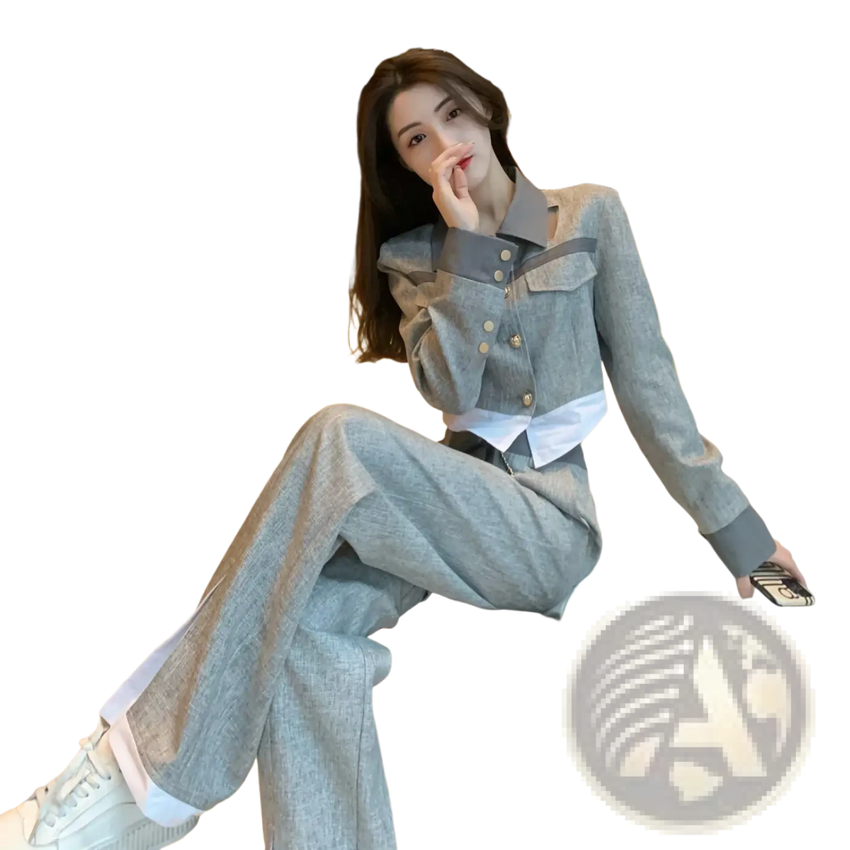 A grey denim two piece suit with wide leg pants featuring a light gray jacket with white lining and gold buttons