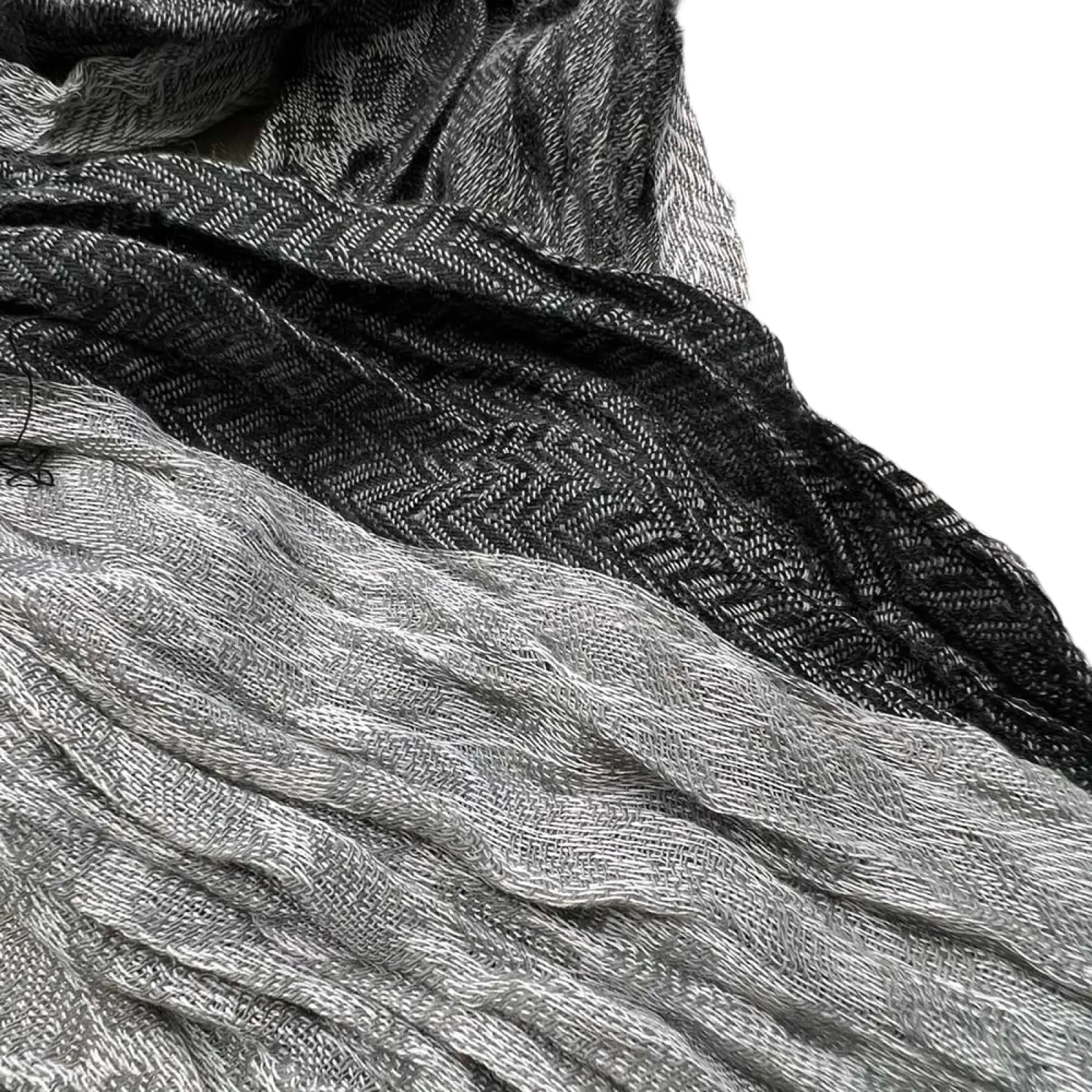A soft grey jacquard polyester winter long scarf for women with a textured black and gray herringbone pattern