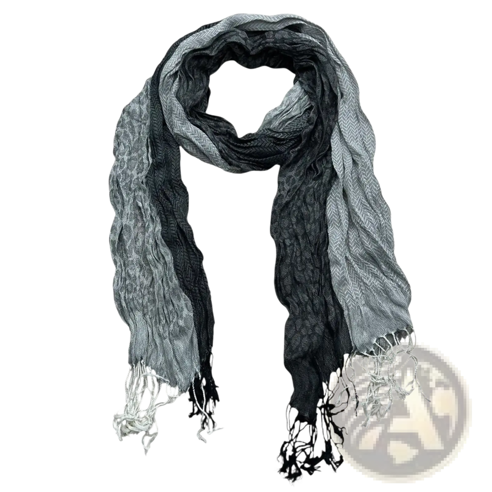 Grey jacquard polyester winter long scarf for women with a textured black and gray herringbone pattern and frayed edges