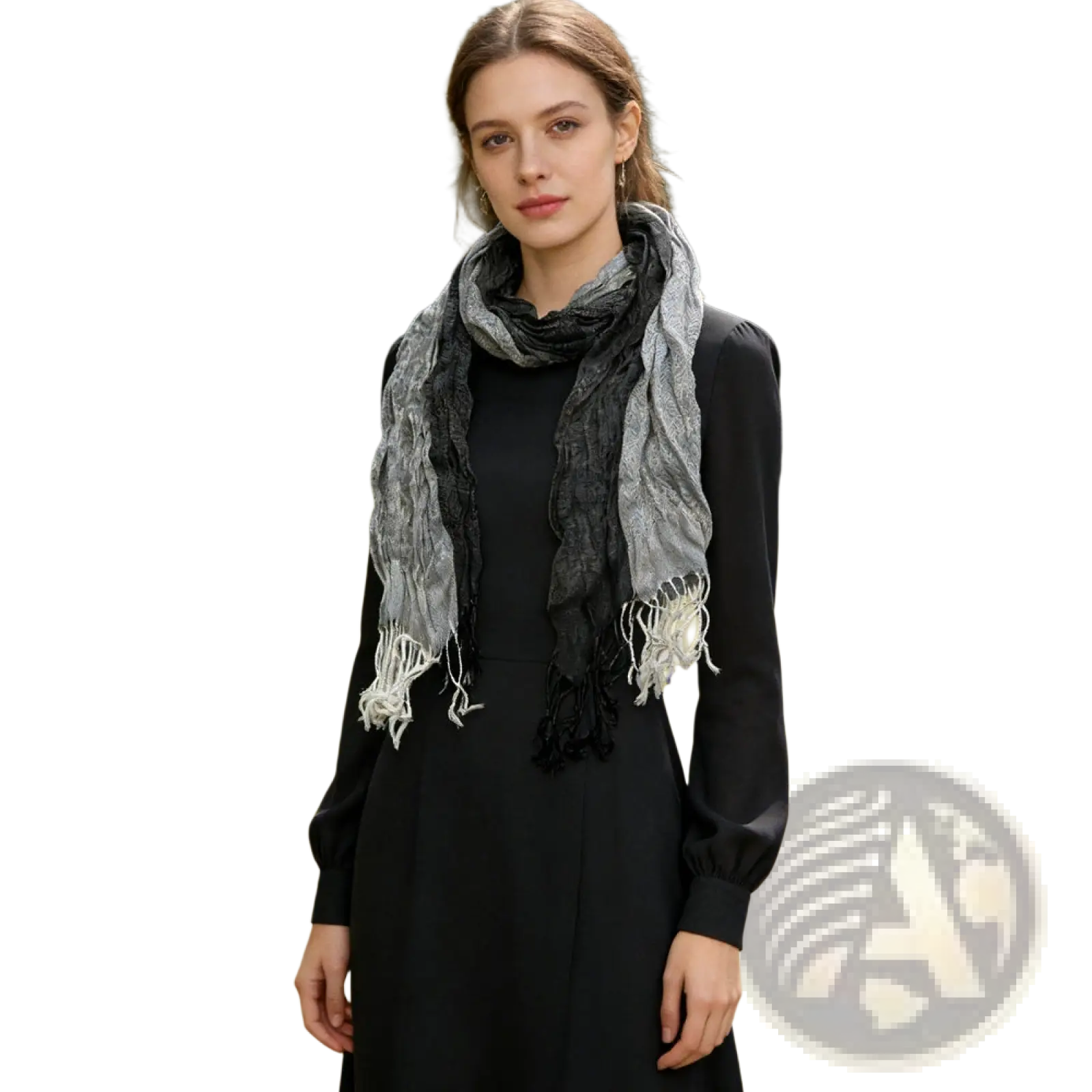 Grey jacquard polyester winter long scarf for women featuring textured gradient gray fabric with frayed edges and subtle pattern