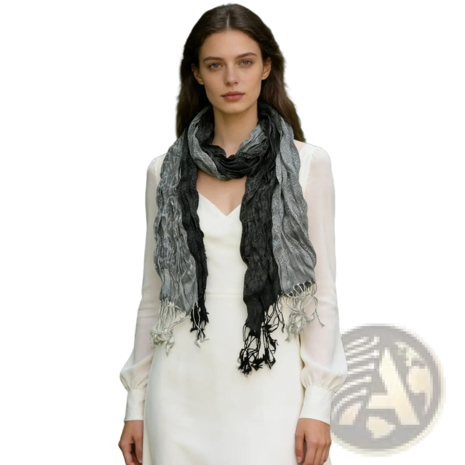 Grey jacquard polyester winter long scarf for women with textured gradient gray and black fabric and frayed edges worn around neck