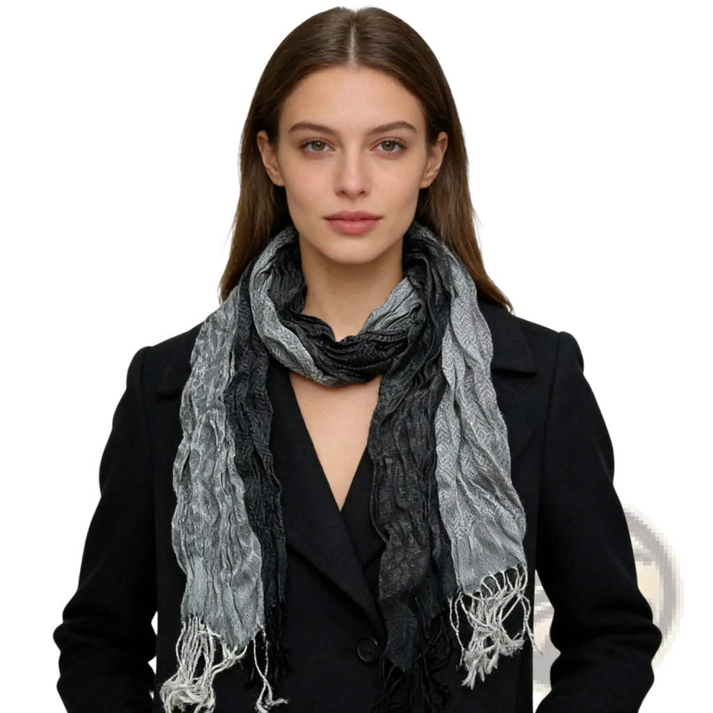 Grey jacquard polyester winter long scarf for women with textured gradient gray and black fabric and frayed edges