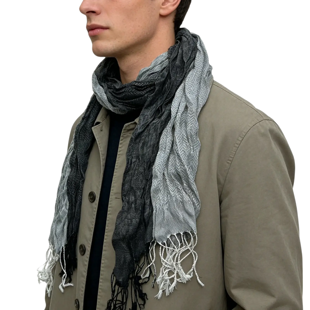 Grey jacquard polyester winter long scarf for women with textured herringbone pattern and frayed edges