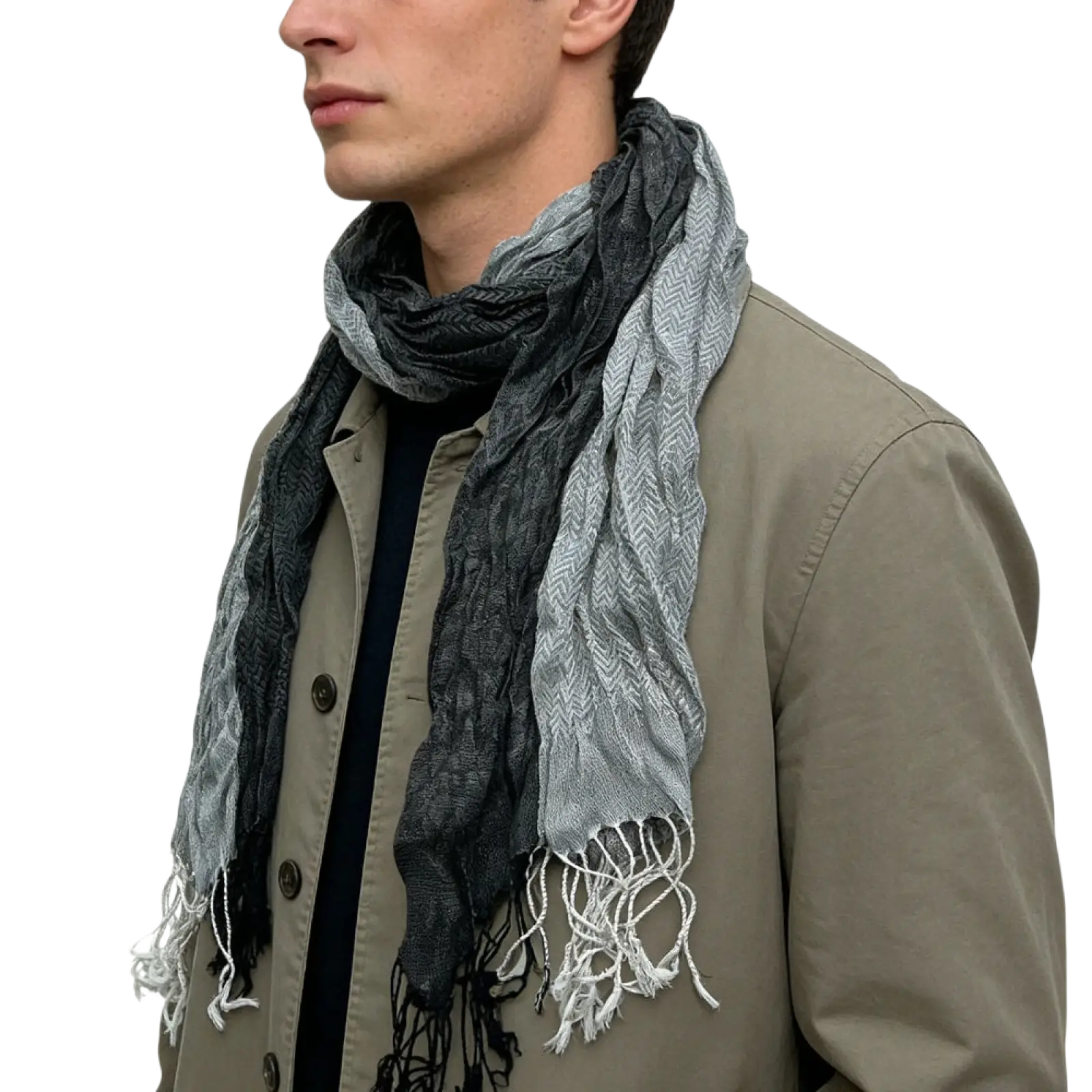 Grey jacquard polyester winter long scarf for women with textured herringbone pattern and frayed edges