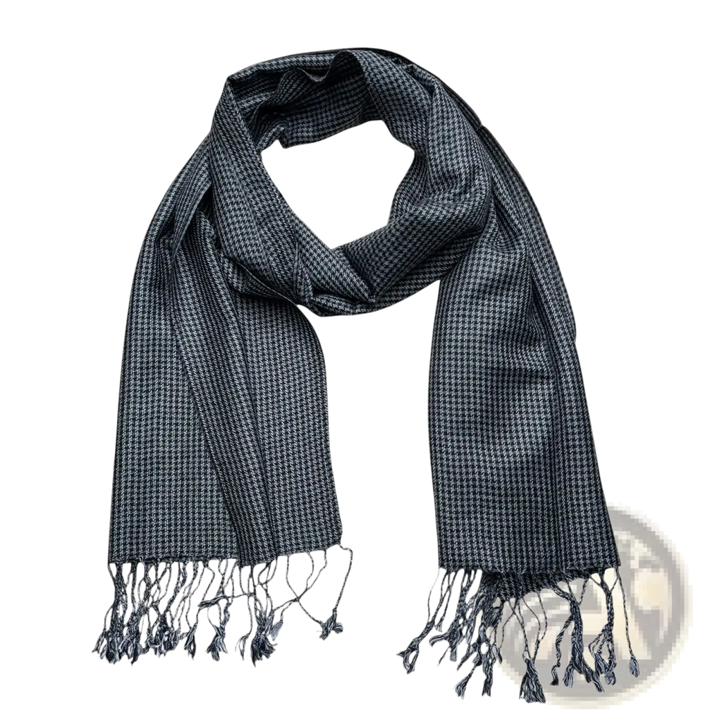 Grey jacquard scarf 2-pack featuring a dark gray and white houndstooth pattern with fringed ends for winter warmth