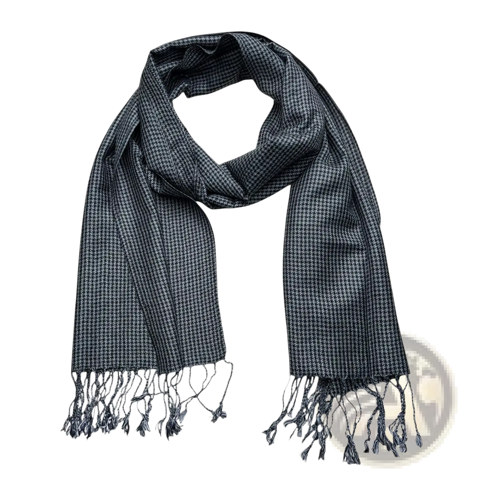 Grey jacquard scarf 2-pack featuring a dark gray and white houndstooth pattern with fringed ends for winter warmth