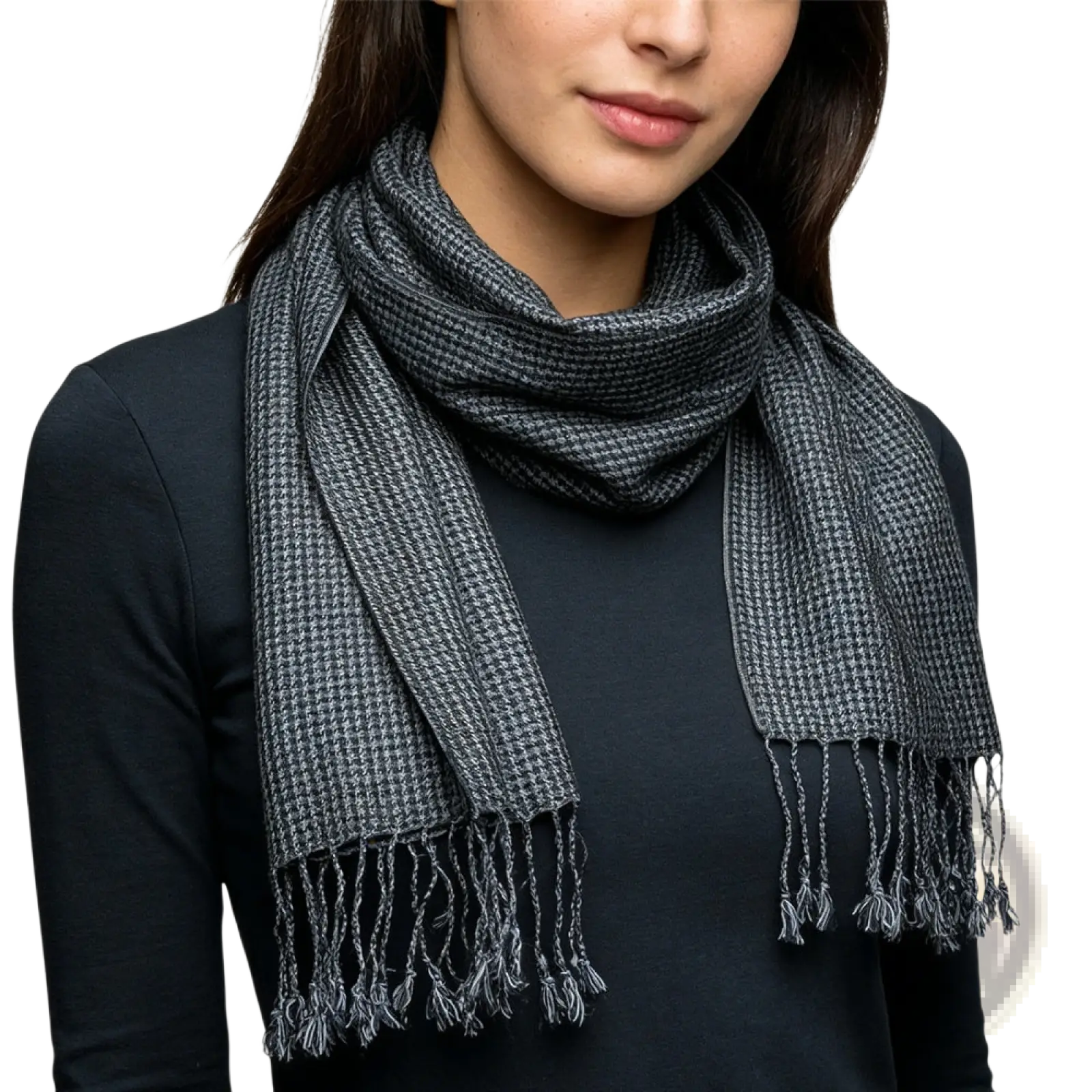 Grey jacquard scarf 2-pack featuring dark gray and black houndstooth pattern with fringed ends for winter warmth