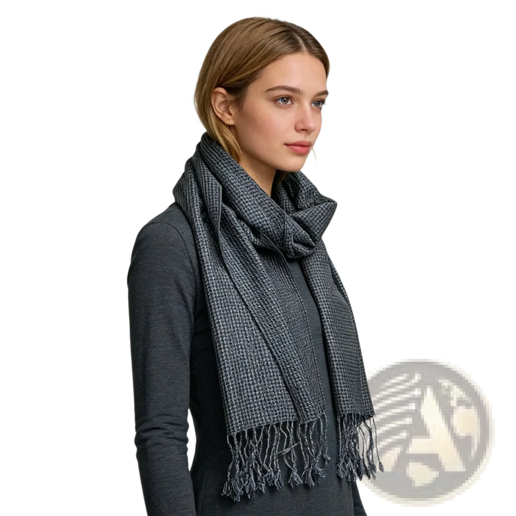 Grey jacquard scarf 2-pack featuring a dark gray houndstooth pattern with fringed ends for minimalist luxe winter warmth