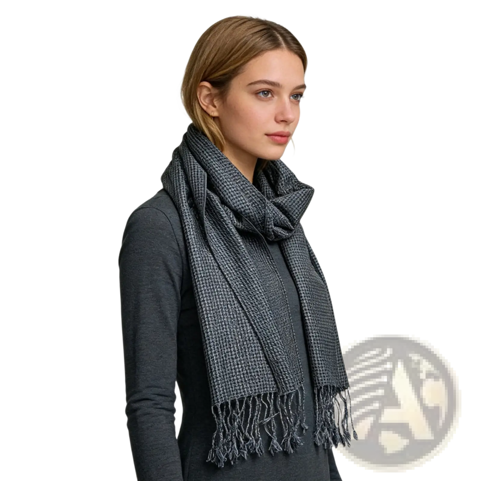 Grey jacquard scarf 2-pack featuring a dark gray houndstooth pattern with fringed ends for minimalist luxe winter warmth