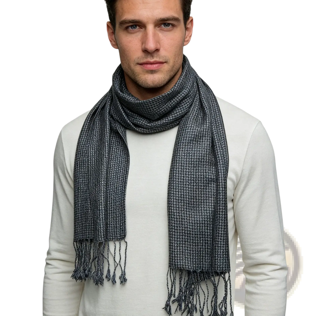 Grey jacquard scarf 2-pack featuring a dark gray houndstooth patterned scarf with fringed ends for minimalist winter warmth