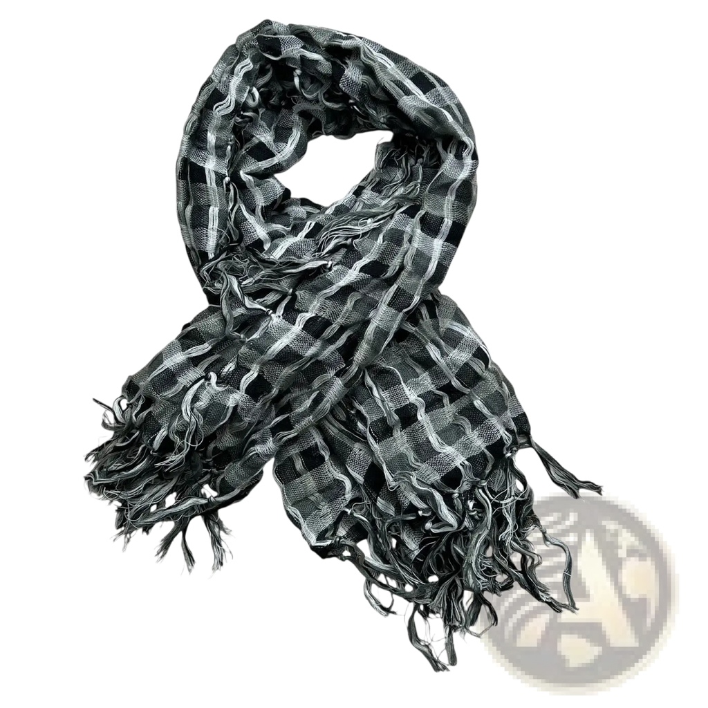 A black and white checkered scarf with frayed edges as a minimalist grey leopard square head scarf