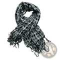 A black and white checkered scarf with frayed edges as a minimalist grey leopard square head scarf