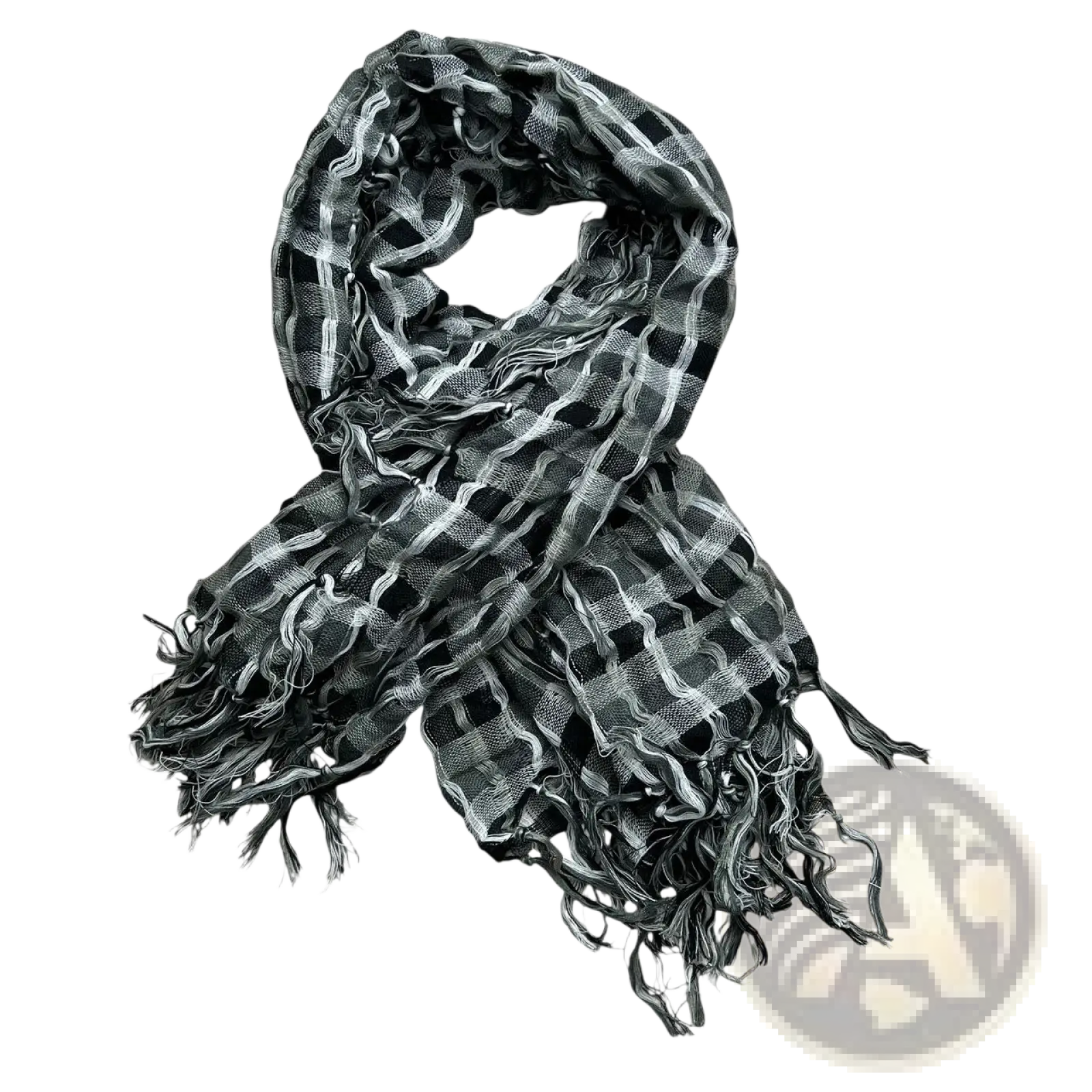 A black and white checkered scarf with frayed edges as a minimalist grey leopard square head scarf