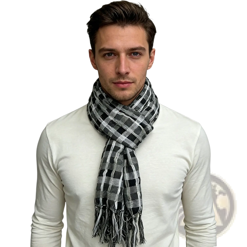 Black and white checkered scarf with fringed ends complementing the grey leopard square minimalist head scarf design