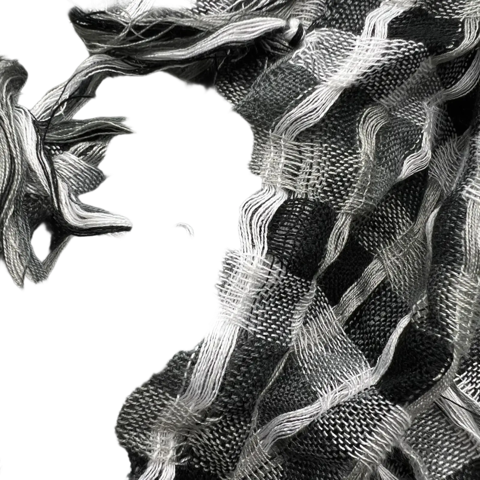 Grey leopard square scarf with black and white woven fabric and textured grid-like pattern for minimalist headwear