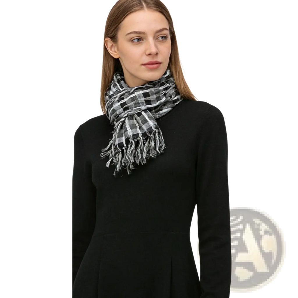 Black and white plaid scarf with fringed edges shown as back side of grey leopard square minimalist head scarf