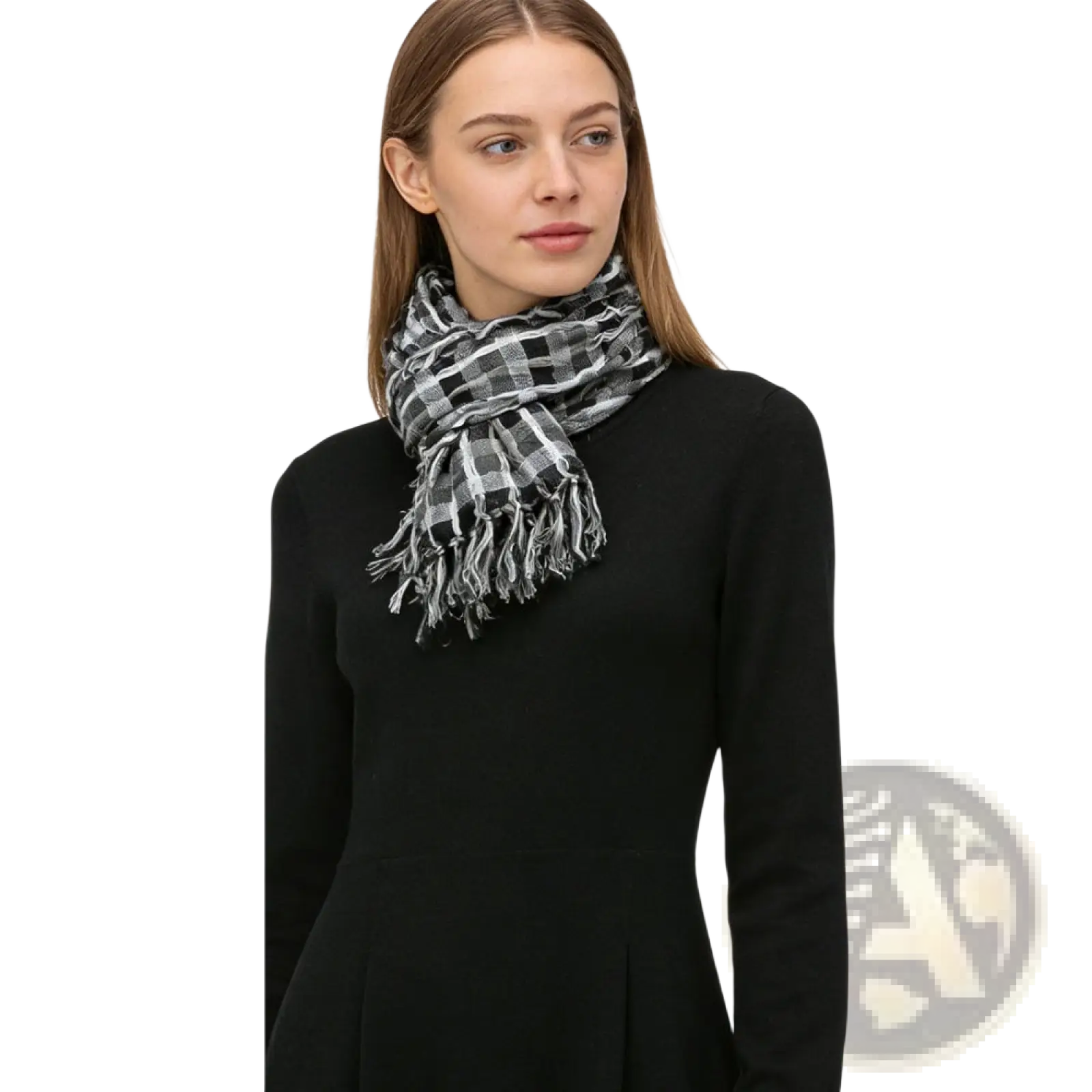 Black and white plaid scarf with fringed edges shown as back side of grey leopard square minimalist head scarf