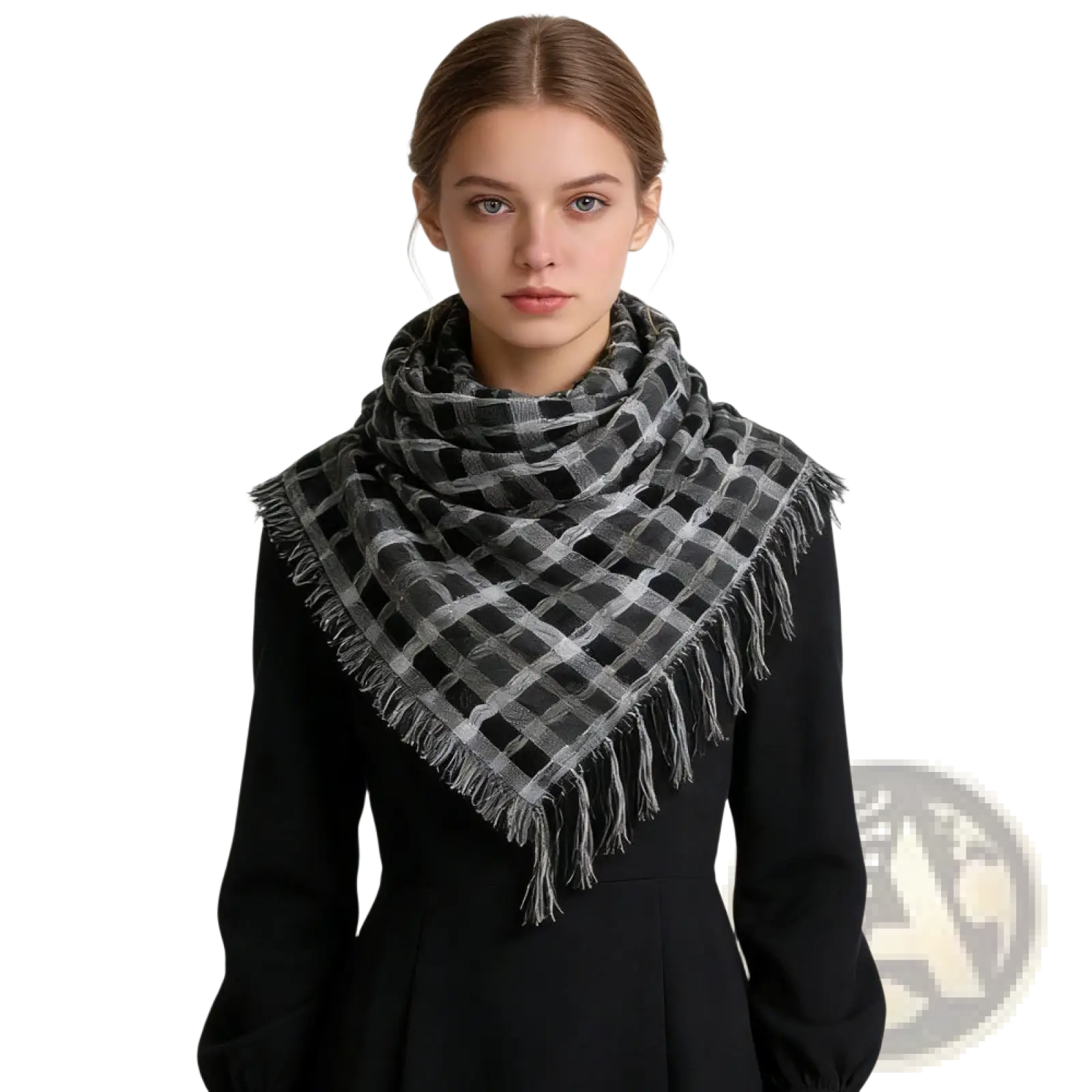 Black and gray plaid scarf with fringed edges shown as minimalist grey leopard square headscarf accessory